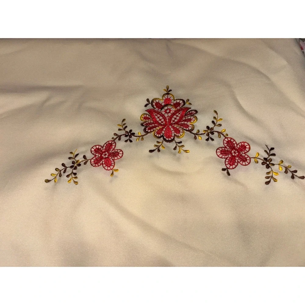 Vintage Cream Square Tablecloth Red Gold Floral Embroidery Scalloped Edge Decor